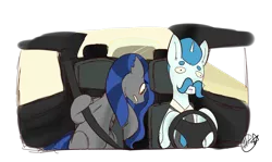 Size: 1024x611 | Tagged: safe, artist:silverknight27, derpibooru import, oc, oc:mummifiedthunderbird, unofficial characters only, pegasus, pony, unicorn, car, driving, drool, seatbelt