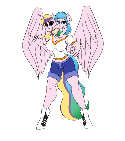 Size: 2042x2289 | Tagged: anthro, artist:vladiverse, breasts, cleavage, clothes, conjoined, conjoined twins, derpibooru import, female, half alicorn half pegasus, midriff, multiple heads, oc, oc:double mind, oc:power plant, safe, shorts, short shirt, simple background, sisters, two heads, unguligrade anthro, unofficial characters only, white background