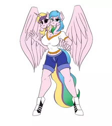 Size: 2042x2289 | Tagged: anthro, artist:vladiverse, breasts, cleavage, clothes, conjoined, conjoined twins, derpibooru import, female, half alicorn half pegasus, midriff, multiple heads, oc, oc:double mind, oc:power plant, safe, shorts, short shirt, simple background, sisters, two heads, unguligrade anthro, unofficial characters only, white background
