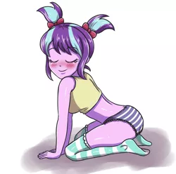 Size: 3507x3472 | Tagged: suggestive, artist:sumin6301, derpibooru import, starlight glimmer, equestria girls, alternate hairstyle, ass, blushing, clothes, cute, equestria girls-ified, eyes closed, female, frilly underwear, glimmerbetes, kneeling, midriff, panties, short shirt, smiling, socks, solo, solo female, stockings, striped socks, striped underwear, underwear