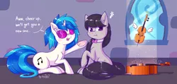 Size: 2781x1324 | Tagged: artist:dsp2003, cello, comic, cute, derpibooru import, ear fluff, giving up the ghost, grumpy, musical instrument, octavia is not amused, octavia melody, safe, single panel, tavibetes, unamused, underhoof, vinylbetes, vinyl scratch