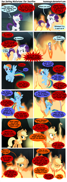 Size: 4962x13500 | Tagged: absurd resolution, applejack, artist:teammagix, comic, comic:sun setting misfortune, derpibooru import, fire, rainbow dash, rarity, safe