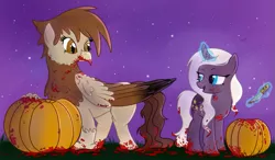 Size: 771x449 | Tagged: semi-grimdark, artist:karmadash, derpibooru import, oc, oc:krystal feathers, oc:nami, unofficial characters only, classical hippogriff, hippogriff, pony, unicorn, blood, food, hallomeme, halloween, knife, kryami, magic, pumpkin, shipping