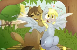 Size: 1280x832 | Tagged: safe, artist:fluffyxai, derpibooru import, derpy hooves, oc, oc:spirit wind, pegasus, pony, blushing, bush, canon x oc, cute, derpabetes, female, forest, heart, laughing, leaning back, male, mare, pomf, ponyville, shipping, sitting, straight, wingboner, wings