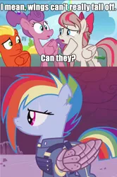 Size: 1307x1966 | Tagged: safe, derpibooru import, edit, edited screencap, screencap, angel wings, loosey-goosey, rainbow dash, short fuse, pegasus, pony, the cutie re-mark, top bolt, alternate hairstyle, alternate timeline, amputee, apocalypse dash, augmented, battle damage, bow, caption, comic, crystal war timeline, eye scar, fridge logic, hair bow, image macro, prosthetic limb, prosthetic wing, prosthetics, scar, screencap comic, text, torn ear