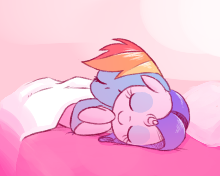 Size: 861x692 | Tagged: safe, artist:raridashdoodles, derpibooru import, rainbow dash, rarity, pony, unicorn, bed, cuddling, eyes closed, female, hug, lesbian, raridash, shipping, smiling, snuggling