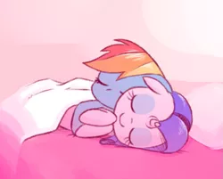 Size: 861x692 | Tagged: safe, artist:raridashdoodles, derpibooru import, rainbow dash, rarity, pony, unicorn, bed, cuddling, eyes closed, female, hug, lesbian, raridash, shipping, smiling, snuggling