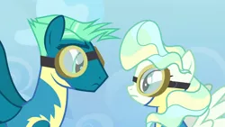 Size: 1920x1080 | Tagged: safe, derpibooru import, screencap, sky stinger, vapor trail, pegasus, pony, top bolt, clothes, duo, female, goggles, looking at each other, male, mare, stallion, uniform, wonderbolt trainee uniform