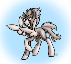 Size: 500x450 | Tagged: safe, artist:sallindaemon, derpibooru import, oc, oc:dusty wing, unofficial characters only, pegasus, pony, feather guns, female, finger gun, finger guns, glare, gradient background, grin, lidded eyes, mare, raised hoof, smiling, smirk, solo, spread wings, wing hands, wings
