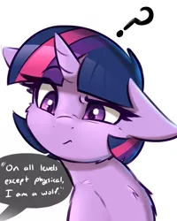 Size: 1200x1500 | Tagged: safe, artist:captainpudgemuffin, derpibooru import, twilight sparkle, twilight sparkle (alicorn), alicorn, pony, bust, cheek fluff, chest fluff, colored pupils, confused, cute, dialogue, floppy ears, fluffy, frown, looking at something, meme, offscreen character, on all levels except physical, portrait, question mark, raised eyebrow, simple background, solo, speech bubble, twiabetes, white background