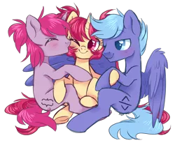 Size: 2887x2407 | Tagged: safe, artist:hawthornss, derpibooru import, oc, oc:code sign, oc:seren song, oc:spikefire, unofficial characters only, pegasus, pony, unicorn, blushing, cute, eyes closed, hug, kiss on the cheek, kissing, one eye closed, polyamory, shipping, simple background, sitting, smiling, spread wings, transparent background, winghug, wink
