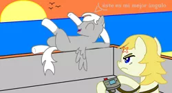 Size: 1374x742 | Tagged: safe, artist:tay-houby, derpibooru import, oc, oc:summerwind, oc:tay, unofficial characters only, pegasus, pony, beach, camera, duo, female, male, sunset