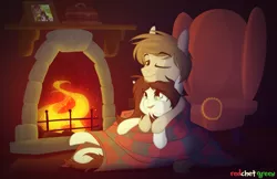 Size: 1466x949 | Tagged: artist:redchetgreen, blanket, cozy, cuddling, derpibooru import, fireplace, male, night, oc, oc x oc, one eye closed, romantic, safe, shipping, snuggling, straight, unofficial characters only