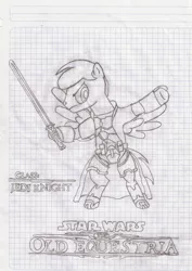 Size: 1424x2016 | Tagged: safe, artist:tay-houby, derpibooru import, oc, oc:tay, unofficial characters only, pony, bipedal, black and white, graph paper, grayscale, jedi, jedi knight, lightsaber, monochrome, pencil drawing, solo, star wars, star wars: the old republic, title, traditional art, weapon