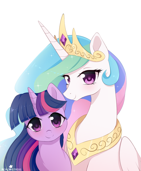 Size: 1280x1556 | Tagged: dead source, safe, artist:verawitch, derpibooru import, princess celestia, twilight sparkle, alicorn, pony, unicorn, blushing, bust, colored pupils, fairandfaithful, female, jewelry, lesbian, looking at you, mare, portrait, regalia, shipping, simple background, smiling, twilestia, white background