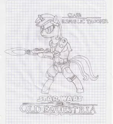 Size: 1595x1760 | Tagged: artist:tay-houby, blaster rifle, derpibooru import, graph paper, lined paper, monochrome, oc, oc:celeny, republic trooper, safe, solo, star wars, star wars: the old republic, traditional art, unofficial characters only