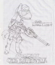 Size: 1504x1792 | Tagged: safe, artist:tay-houby, derpibooru import, oc, oc:sirius, unofficial characters only, earth pony, pony, bipedal, black and white, graph paper, grayscale, gun, hooves, imperial agent, lined paper, male, monochrome, optical sight, rifle, simple background, sniper rifle, solo, stallion, star wars, star wars: the old republic, text, traditional art, weapon