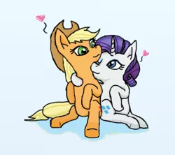 Size: 563x500 | Tagged: safe, artist:eulicious, derpibooru import, applejack, rarity, female, heart, lesbian, missing freckles, one eye closed, rarijack, shipping, simple background, sitting, snuggling