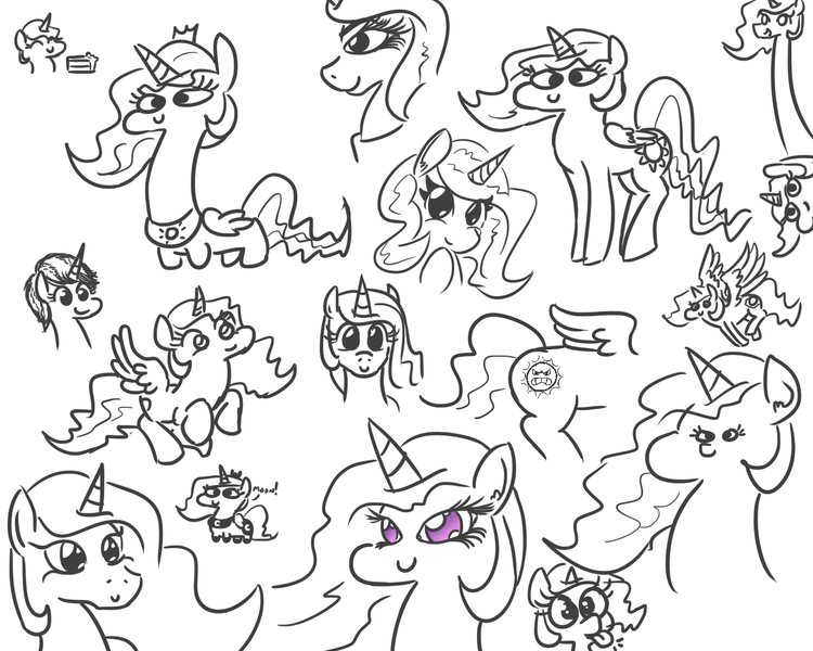 Size: 1280x1024 | Tagged: safe, artist:jargon scott, derpibooru import, princess celestia, princess luna, angry sun, bust, cake, cakelestia, dialogue, eyes closed, faic, flying, food, long neck, looking at you, monochrome, open mouth, portrait, simple background, smiling, spread wings, tongue out, white background, woll smoth