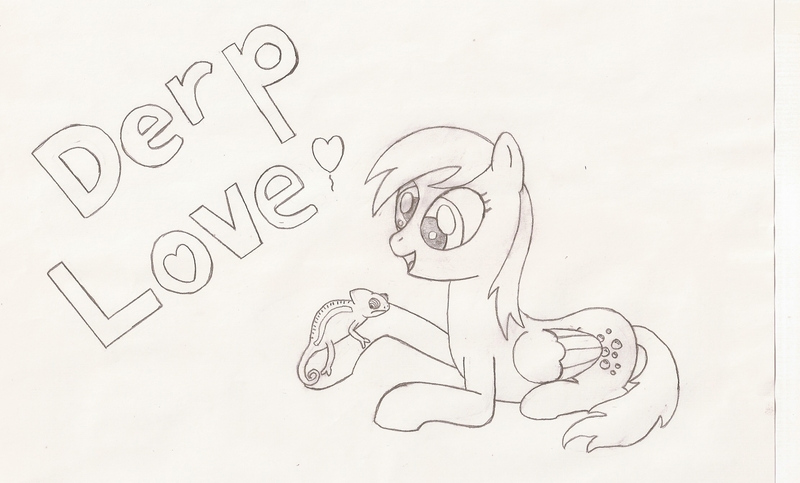 Size: 2224x1344 | Tagged: safe, artist:tay-houby, derpibooru import, derpy hooves, chameleon, pegasus, pony, derp, female, mare, monochrome, pet, solo