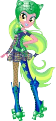 Size: 6773x14563 | Tagged: safe, artist:sugar-loop, derpibooru import, lemon zest, equestria girls, friendship games, .ai available, .svg available, absurd resolution, alternative cutie mark placement, backcard, box art, clothes, dress, female, helmet, looking at you, raised leg, roller derby, rollerblades, simple background, smiling, solo, sporty style, transparent background, vector