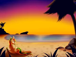 Size: 4000x3000 | Tagged: safe, artist:pinktabico, derpibooru import, oc, unofficial characters only, pegasus, pony, absurd resolution, beach, color porn, commission, island, ocean, patreon, rock, sand, scenery, seashore, solo, sunset