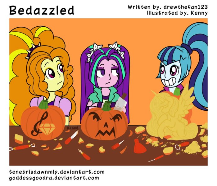 Size: 964x828 | Tagged: safe, artist:goddessgoodra, derpibooru import, adagio dazzle, aria blaze, sonata dusk, comic:bedazzled, equestria girls, bedazzled, halloween, jack-o-lantern, pumpkin, the dazzlings