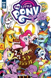 Size: 1054x1600 | Tagged: safe, artist:andypriceart, derpibooru import, idw, applejack, fluttershy, pinkie pie, princess celestia, princess luna, rainbow dash, rarity, spike, twilight sparkle, twilight sparkle (alicorn), alicorn, pony, equestria daily, chaos theory (arc), spoiler:comic, spoiler:comic50, accord (arc), anniversary, cake, conclusion: and chaos into the order came, cover, food, mane six, mouth hold, present, signature