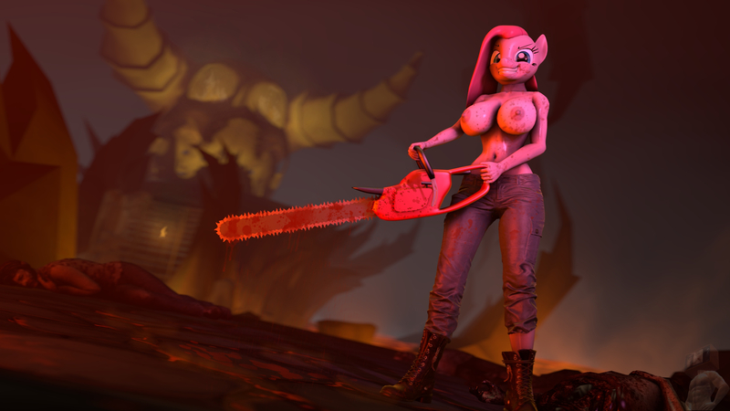 Size: 2560x1440 | Tagged: 3d, anthro, artist:telehypnotic, blood, boots, breasts, chainsaw, clothes, derpibooru import, female, grimdark, halloween, manic grin, nipples, partial nudity, pinkamena diane pie, pinkie pie, plantigrade anthro, questionable, solo, solo female, source filmmaker, topless