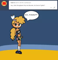 Size: 500x516 | Tagged: safe, artist:ask-the-crystalpreps, artist:obeliskgirljohanny, derpibooru import, little strongheart, ask the crystalpreps, equestria girls, ask, belly button, clothes, dialogue, equestria girls-ified, exeron fighters, exeron gloves, looking at you, midriff, shorts, smiling, solo, tube top, tumblr