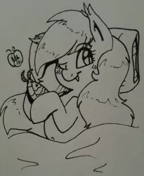 Size: 1048x1280 | Tagged: safe, artist:notenoughapples, derpibooru import, oc, oc:starstruck symphony, unofficial characters only, bat pony, moth, pony, bed, belly button, inktober, monochrome, plushie, race swap, solo, traditional art