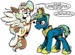 Size: 3263x2383 | Tagged: safe, artist:gray--day, derpibooru import, sky stinger, vapor trail, pegasus, pony, top bolt, blushing, cardboard, chest fluff, cute, dialogue, duo, embarrassed, female, giggling, male, mare, nose wrinkle, pretty, pretty princess, princess of flying, simple background, speech bubble, stallion, transparent background, wing fluff