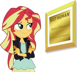 Size: 1093x1024 | Tagged: safe, derpibooru import, sunset shimmer, equestria girls, best human, blushing, crossed arms, exploitable meme, inverted mouth, meme, plaque, simple background, smiling, solo, sunset's picture frame, the truth, transparent background, vector
