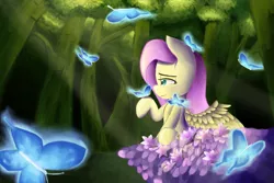 Size: 5400x3600 | Tagged: artist:purpleblackkiwi, butterfly, crepuscular rays, derpibooru import, everfree forest, flower, fluttershy, glow, holding, lidded eyes, looking at something, painting, safe, sitting, soft shading, spread wings