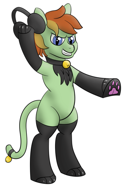 Size: 3300x4500 | Tagged: safe, artist:candylines, derpibooru import, oc, oc:barley tender, unofficial characters only, pony, bell, bell collar, bipedal, cat costume, clothes, collar, halloween, headphones, looking at you, paw gloves, paw prints, ponyville ciderfest, simple background, solo, transparent background, underhoof