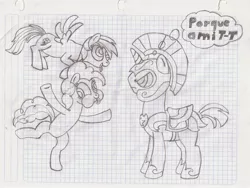 Size: 2112x1584 | Tagged: safe, artist:tay-houby, derpibooru import, pinkie pie, rainbow dash, angry, black and white, funny faces, grayscale, joke, monochrome, royal guard, silly face, tongue out, traditional art