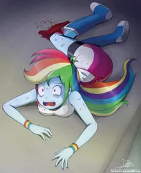 Size: 1280x1572 | Tagged: grimdark, artist:the-butch-x, derpibooru import, rainbow dash, equestria girls, blood, bloodshot eyes, breasts, bruised, clothes, compression shorts, crying, female, injured, on the floor, open mouth, scared, skirt, solo, sweat, torn clothes