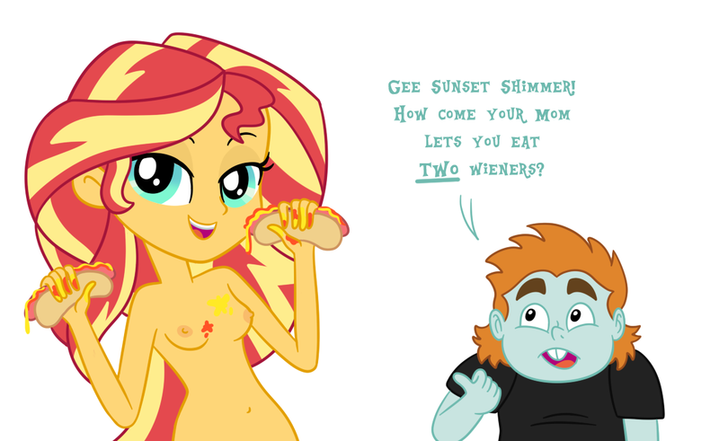 Size: 1130x694 | Tagged: questionable, artist:sporko, derpibooru import, snips, sunset shimmer, equestria girls, belly button, exploitable meme, food, food porn, gee bill, hot dog, hotdog meme, ketchup, meat, meme, mustard, nipples, nudity, oblivious, sauce, sausage, show accurate, show accurate porn, simple background, white background