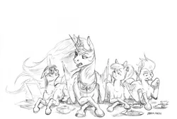 Size: 1400x938 | Tagged: safe, artist:baron engel, derpibooru import, princess celestia, oc, oc:blood feather, oc:phoenix, oc:quick silver, grayscale, lying down, magic, monochrome, pencil drawing, simple background, sketch, story included, traditional art, white background