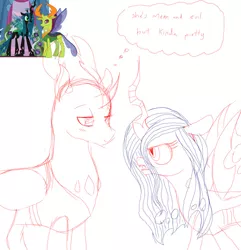 Size: 1100x1140 | Tagged: artist:unoriginai, changedling, changeling, chrysarax, derpibooru import, king thorax, queen chrysalis, safe, screencap reference, shipping, thorax, to where and back again, wip