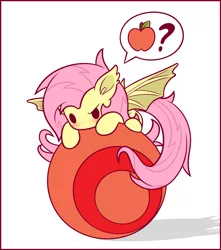 Size: 1125x1275 | Tagged: safe, artist:symbianl, derpibooru import, part of a set, fluttershy, bat pony, pony, apple, ball, blushing, chibi, confused, cute, ear fluff, flutterbat, food, nom, part of a series, prone, question mark, race swap, raised eyebrow, shadow, shyabates, shyabetes, simple background, solo, spread wings, symbianl's chibis, white background