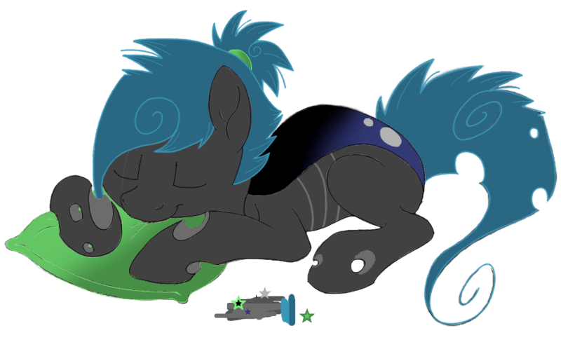 Size: 929x567 | Tagged: artist:divergentassailant, artist:ponyponyena, changeling, changeling oc, color palette, derpibooru import, hair tie, oc, oc:flightless, pillow, safe, scar, simple background, sleeping, solo, transparent background, unofficial characters only