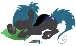 Size: 929x567 | Tagged: artist:divergentassailant, artist:ponyponyena, changeling, changeling oc, color palette, derpibooru import, hair tie, oc, oc:flightless, pillow, safe, scar, simple background, sleeping, solo, transparent background, unofficial characters only