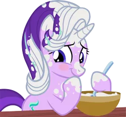 Size: 3211x2968 | Tagged: safe, artist:ironm17, derpibooru import, starlight glimmer, pony, unicorn, every little thing she does, baking, blushing, cute, embarrassed, female, flour, glimmerbetes, looking back, mare, messy, raised hoof, simple background, smiling, solo, spoon, table, transparent background, vector