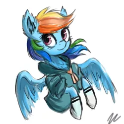 Size: 1000x1000 | Tagged: safe, artist:cerebralvapor, derpibooru import, rainbow dash, chest fluff, clothes, ear fluff, school uniform, simple background, socks, solo, spread wings