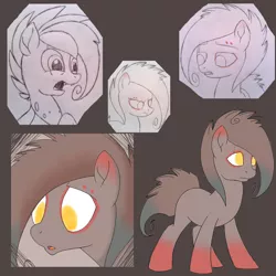 Size: 1000x1000 | Tagged: safe, artist:divergentassailant, artist:ponyponyena, derpibooru import, oc, oc:flightless, unofficial characters only, changeling, earth pony, pony, alternate hairstyle, annoyed, bust, collage, fangs, portrait, simple background, solo, species swap, standing, surprised, unamused