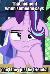 Size: 502x734 | Tagged: annoyed, bored, caption, cropped, derpibooru import, edit, edited screencap, every little thing she does, floppy ears, frown, hoof on chin, image macro, implied shipping, meme, reaction image, safe, screencap, solo, starlight glimmer