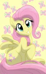 Size: 1200x1920 | Tagged: safe, artist:theroyalprincesses, derpibooru import, fluttershy, pegasus, pony, adorable face, cute, cutie mark background, female, head turn, looking at you, mare, raised hoof, shyabetes, simple background, sitting, smiling, solo, waifu, yellow background