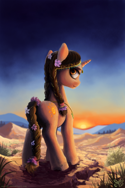 Size: 1000x1500 | Tagged: safe, artist:nemo2d, derpibooru import, oc, oc:sun lotus, unofficial characters only, pony, unicorn, braid, depth of field, desert, female, flower, flower in hair, fluffy, jewelry, mare, rear view, scenery, signature, solo, sunset