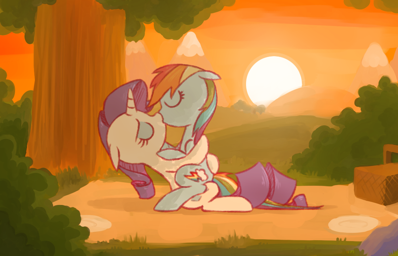 Size: 990x638 | Tagged: suggestive, artist:raridashdoodles, derpibooru import, rainbow dash, rarity, pegasus, pony, unicorn, bush, eyes closed, female, floppy ears, grass, kissing, lesbian, mountain, picnic, picnic basket, plate, raridash, shipping, sun, sunset, tree